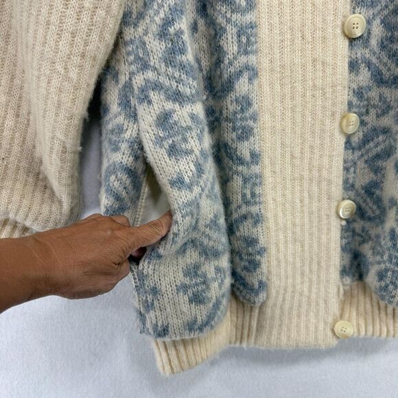 Vtg Hilda Ltd Cardigan Women S Cream Blue Wool Knit Icelandic Shawl Collar 80s - Picture 12 of 12